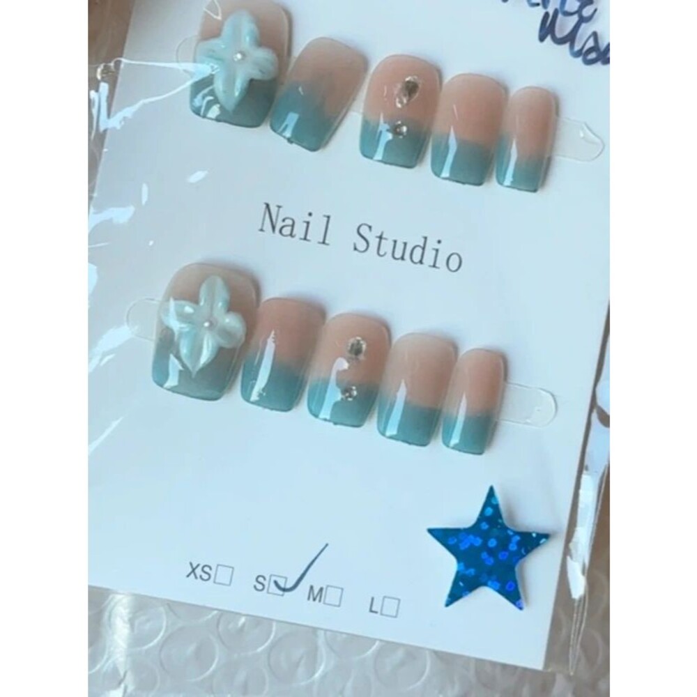 Teal 3D Flower Short Square Press On Nails Size Small